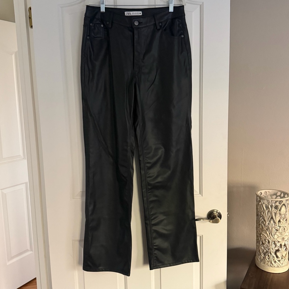 Zara Black Faux Leather Straight Leg Pants Size USA 12